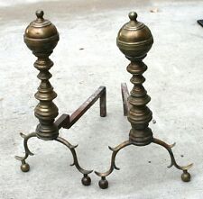 pair of antique brass andirons, elegant curves, balls, picture