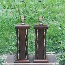 Vintage Solid Wood Studded Table Lamp PAIR 2 Rustic Cabin Retro 1970s EXC picture