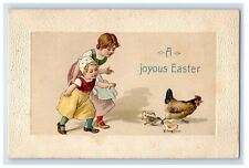 c1910's Joyous Easter Mother And Daughter Chasing Chicken Hen Chicks Postcard picture