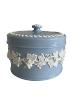 Wedgwood Embossed White on Blue Queensware Round Trinket Box Candy Pot 5 in. picture