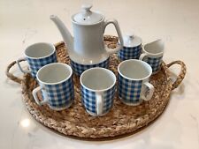 Vintage Japan 7 Pc Tea Set Cups Creamer Sugar Tea Pot with Lid Blue Checkered picture