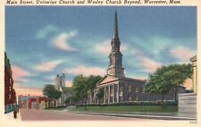 Postcard MA Worcester Unitarian & Wesley Church on Main Linen Vintage PC b2035 picture
