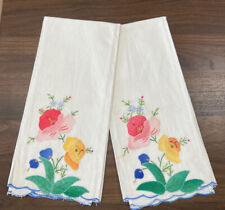 Vintage Hand Embroidery & Applique Linen Fingertip Guest Towel Floral Border picture