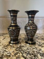 Vintage Solid Brass Vases Black Ornate Floral Design Hand Etched 7