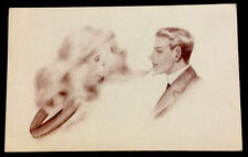 Sepia postcard artist signed Cobb Shinn man blowing smoke ring womans face picture