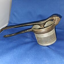 Antique SILVER CO NY Cast Iron Potato Masher Steel Strainer Cup Press Vintage picture