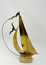 Vintage DeMott Signed Brass Metal Sail Boat Sculpture Marble Base Nautical 11” picture