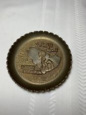 Vintage Saudi Arabia Brass Round Trinket Dish - W/ Camel & Palm Tree 4” picture