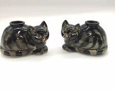 Vtg Pair Hand Painted Tiger Striped Porcelain Cat Candle Holders By Seymour Mann picture
