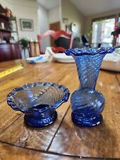 Vintage Cobalt Blue Swirl Hand Blown Glass Art Handkerchief Mouth Bud Vase Dish picture
