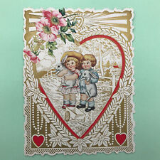 TURN OF CENTURY DYE-CUT, EMBOSSED GOLD-GILT VALENTINE, HEARTS,TODDLERS & BUNNIES picture
