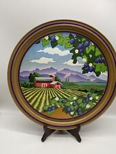 Vintage Tin Serving Tray Platter Country Farm Red Barn Plowed Field Blackberries picture