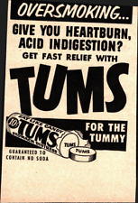 1954 Tums Antacid Ad - Over smoking ad 2x3 inch nostalgic a7 picture