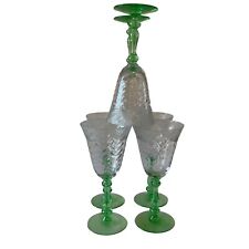 Unbranded Antique ‘20s-‘30s Etched Wine Goblets Uranium Glass Stem Set of 6 picture
