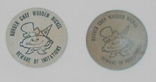2 VINTAGE 1950's DOUBLE SIDED BURGER CHEF 5 CENT WOODED NICKEL TOKENS picture