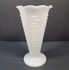 Vintage Large Hobnail= lines  Vase Scalloped Edges White Milk Glass 9-1/4