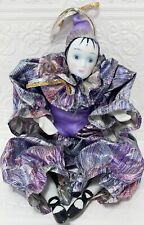 Mardi Gras Style Harlequin Clown Jester Doll Purple Pink Blue Shiny 9 Inch VTG picture
