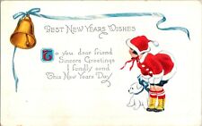Postcard Best New Years Wishes Girl In Red Coat Puppy Series C-327 picture