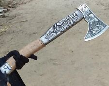 Handmade Etched Carbon Steel Viking Throwing Axe - Ashwood Carved Paracord Wrap picture