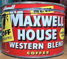 Vintage MAXWELL HOUSE WESTERN BLEND Coffee 1LB Tin Can 7 Cents Off Regular Grind picture