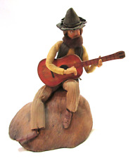 Vintage 1980's Handcrafted Cornhusk Man w Beard Guitar on Rock Figurine Statue picture