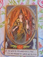 Antique Embossed Postcard Halloween Witch Fortune Teller Jack O Lantern Art Deco picture