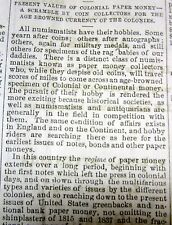 1879 display newspaper w long detailed History US NUMISMATICS Early paper money  picture