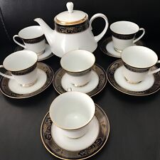 Noritake Grenoble  china tea set: teapot w lid 6 Cups & 6 Saucers With  gold rim picture