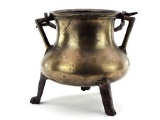 Antique 16th C. German Bronze Cauldron With Twisted Iron Loop Handle picture