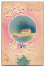 c1910's Easter Greetings House River Boat Lilies Flowers Embossed Postcard picture