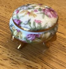 VTG Three Foot Porcelain Floral Pink Green Purple Yellow Gilt Trinket Box picture