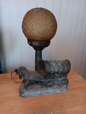 Antique Art Deco Horse & Carriage Spelter Desk Lamp W/ Amber Brain Glass... picture