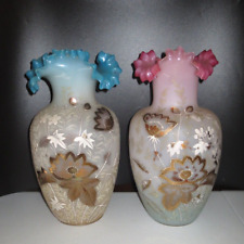 ANTIQUE BRISTOL GLASS HAND BLOWN & PAINTED RUFFLE-TOP VASES PAIR (13
