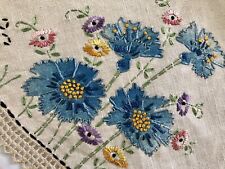 ANTIQUE TABLE TOPPER Round Linen 22” Victorian Embroidered Turquoise Flowers Vtg picture
