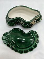 Trinket Box Vanity Jewelry Jar Lid Ceramic Emerald Green Scroll Shell MCM RETRO picture