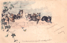 Nine Cats sit on a wall. Early colour tinted sketch picture