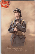 1916 French WWI Postcard Patriotic Woman Soldier We'd Go To the Front Too Posted picture