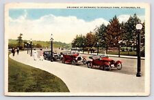 c1915~Pittsburgh PA~Schenley Park Entrance~Antique Cars~Walkers~Postcard picture