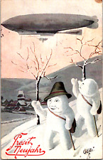 1912 GERMAN New Year Postcard TUCK Oilette Snowman Watches Dirigible Blimp picture