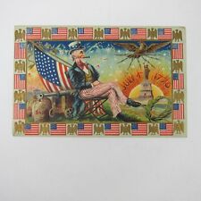 Postcard Independence Day Uncle Same Smoking Cigar Flags Patriotic Antique 1910 picture