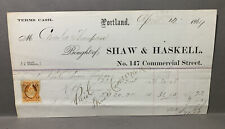 Antique Ephemera 1869 Billhead Portland ME Shaw & Haskell Revenue Stamp Sugar picture