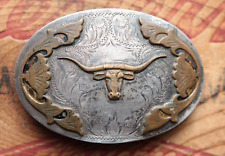 Vintage Comstock Silver Cowboy Cowgirl Longhorn Steer Head Western Belt Buckle picture
