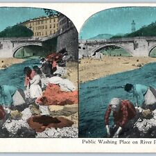 c1900s Nice France Public Laundry Wash Pallion River Stereoview Bridge Women V38 picture