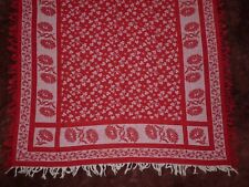 Exquisite Antique Woven Damask Tablecloth RED & WHITE Flowers 3 Leaf Clover Vtg picture