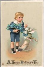 Vintage 1910s TUCK'S Happy Birthday Embossed Postcard Boy & Dog / Series No. 250 picture