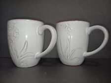 Pair Of Pier 1 Imports White Impressed Floral Terracota Coffee/ Tea Mugs  picture