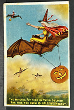 1910 Embossed Postcard Witches on Bats Flying Over Town Happy Halloween Night picture