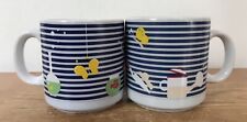Vtg Set Pair 2 Vaporwave Weird Japanese Nature Blue White Striped Coffee Mugs picture