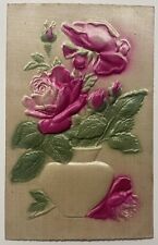 Greetings Postcard Full Silk Airbrushed Lovely Vase Filled With Pink Roses picture
