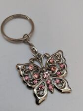 Silvertone Butterfly Pink Faux Crystal Rhinestone Keyring Charm picture